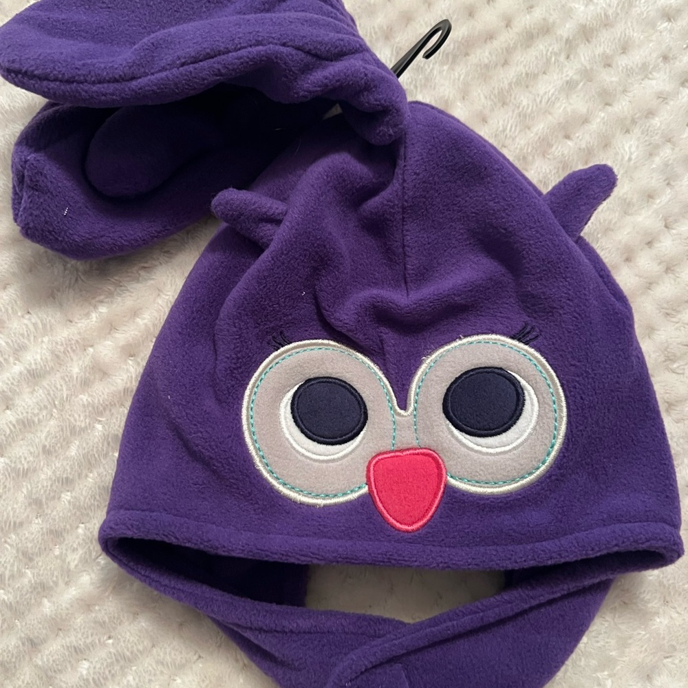 Purple Owl Fleece Hat & Mittens
